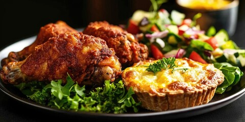Poster - Fried chicken accompanied by quiche and salad on a plate for buffet food.