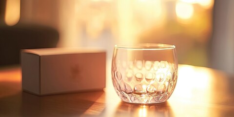Poster - Close-up of a glass cup with a blurred delicate box in the background and copyspace.