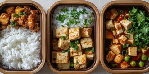 Poster - Japanese bento, Chinese Mapo tofu, and rice in a lunchbox.