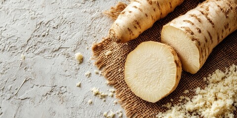 Poster - Image of horseradish root with a slice placed on burlap, accompanied by white space.