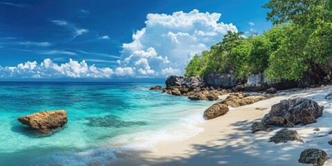 Aufkleber - Seascape. Shoreline featuring white sand, blue waters, rocks, and tropical vegetation. Concept of travel and tourism.