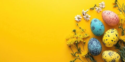 Poster - Easter concept on a yellow background, top view mockup.