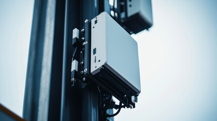 Poster - A detailed view of a 5G small cell antenna array, facilitating high-speed wireless communication in urban areas, 5G technology style