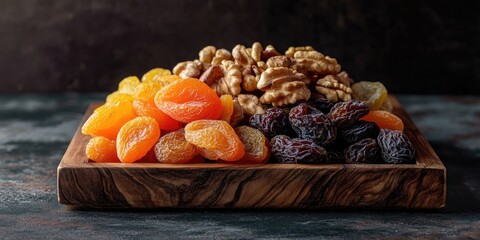 Poster - Dried fruit, walnuts, prunes, and dried apricots on a dark background with a wooden container.