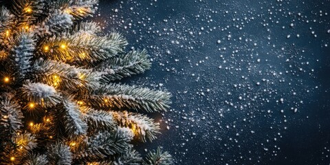 Poster - christmas fir tree with lights on snow in the dark, top view.