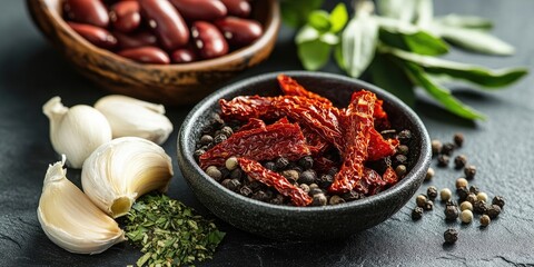 Poster - Collection of raw ingredients for Italian cuisine on a stone table backdrop. Black pepper, sun-dried tomatoes, green dried herbs, and beans. Assortment of healthy food items. Closeup.