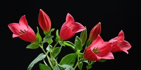 Aufkleber - Vivid red-pink bellflower/campanula bloom, multiple buds, green leaves, black backdrop.