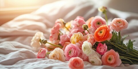 Aufkleber - Good morning concept. An unmade, empty bed featuring ranunculus flowers. A close-up image of a stunning spring bouquet in a bedroom setting. Copy space, background.