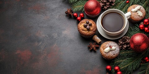 Wall Mural - Christmas greeting card featuring a Christmas tree, muffins, and coffee. Top view with space for your message.