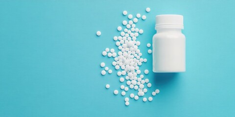 Aufkleber - Medication bottle and white pills scattered on a blue pastel background. Prescription medications and pills.