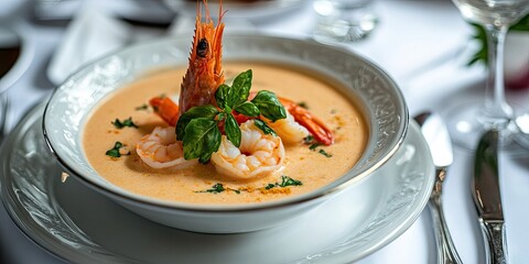 Aufkleber - Delicious shrimp cream soup served on a plate atop the table.