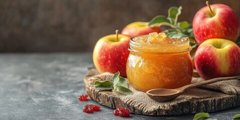 Poster - Apple jam, confiture, chutney in a glass jar. Homemade preservation idea. Featuring fresh apples on vintage sackcloth, a rustic spoon on a gray wooden board background, copyspace, close up.
