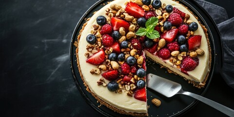 Poster - Cheesecake topped with fruits and peanuts, with a slice on a spatula, viewed from above.