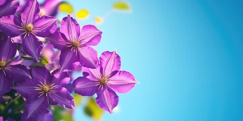 Poster - Vibrant purple clematis blooms set against a blue sky that offers copy space.