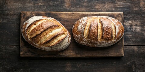 Poster - Homemade bread and a loaf on a dark rustic wooden surface. Top view.