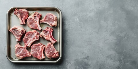 Poster - Raw uncooked lamb and mutton chops in a steel kitchen tray. Gray background. Top view. Copyspace.
