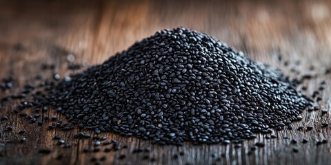 Poster - Close-up shot of a pile of black sesame on a wooden background.