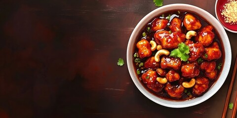 Aufkleber - Chinese cuisine featuring fried chicken stir-fried with cashew nuts in a sweet sauce, accompanied by a side dish sauce, catering.