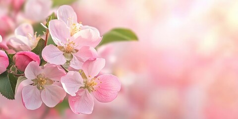 Poster - Spring blossom. Springtime apple flowers, pink floral background, soft and pastel card, selective focus, copy space for text.