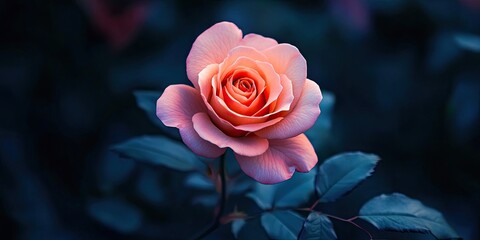 Aufkleber - Close-up of a pink coral rose in a garden against a dark background, color-adjusted image.