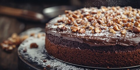 Poster - Chocolate cake for your design. Tasty caramel chocolate cake with nuts. Homemade chocolate cake, featuring a close-up with powdered sugar.