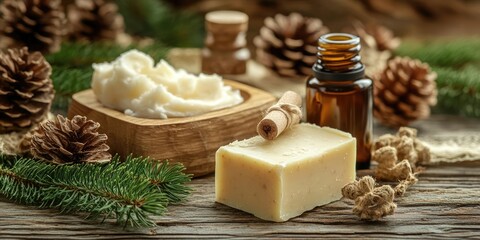 Poster - Pine essential oil, handcrafted soap, cream infused with pine extract, and spa treatments set against a wooden background.