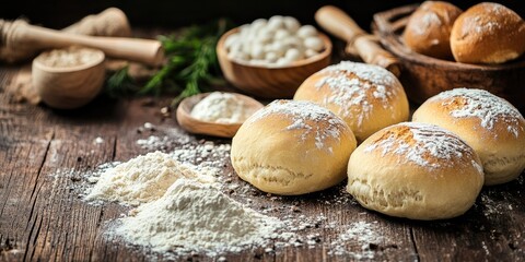 Poster - bread rolls and ingredients on a rustic wooden surface