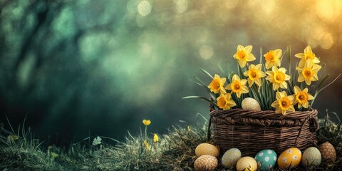 Aufkleber - Spring Easter backdrop featuring daffodils and Easter eggs in a basket.