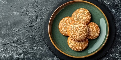 Poster - Homemade Chinese Sesame Cookie served on a green ceramic plate atop a black slate stone board, featuring copy space.