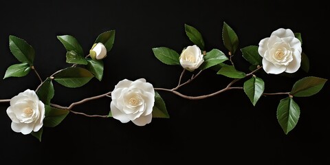 Aufkleber - A set of old white camellia flowers with green leaves against a black paper backdrop.