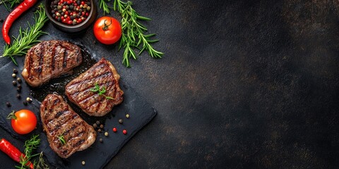 Poster - Grilled cowboy beef steak with herbs and spices on a dark stone background. Barbecue. Top view. Copyspace available for text.