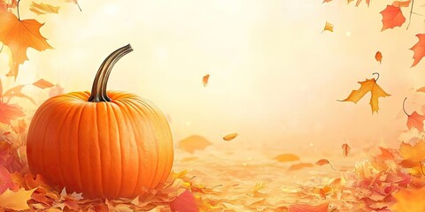 Poster - Autumn festive background featuring a pumpkin and fallen leaves, with copyspace.