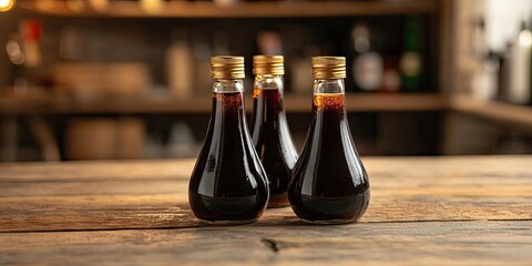 Aufkleber - Bottles of soy sauce on a wooden table. Room for text.