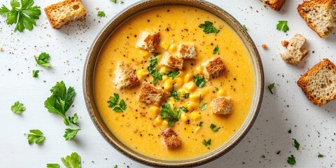 Aufkleber - Thick vegan cream soup. Homemade golden yellow cream soup featuring herbs and croutons. Cheese, chicken, bean, and corn cream soup served in a bowl on a white kitchen table with copy space.