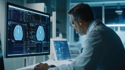 Poster - A male doctor or scientist analyzes brain scans on a computer screen in a laboratory.