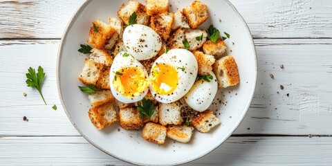 Poster - Nutritious meal. English breakfast featuring a boiled egg and croutons on a white wooden background.