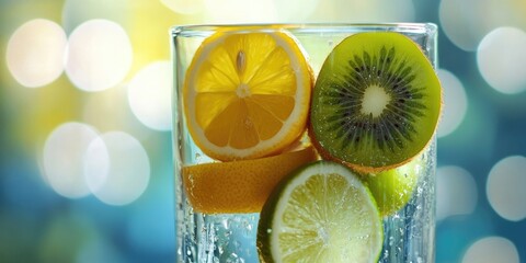 Poster - Sliced lemon alongside lime and kiwi rests on a glass vase with a citrus-themed background in macro photography.