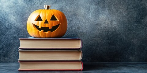 Poster - Stack of books with a spooky pumpkin lantern, Halloween decoration set against a grey stone background, copy space.
