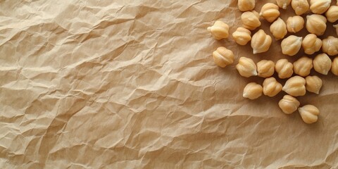 Poster - Raw wood piece with chickpea on wrinkled brown paper background. Top view, copyspace available.