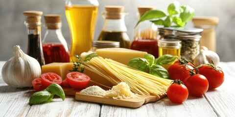 Aufkleber - traditional Italian food ingredients on a white wooden table