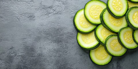 Poster - Fresh slices of zucchini squash on a grey background.