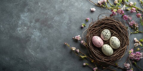 Aufkleber - Easter eggs in a nest on a grey background. Easter backdrop featuring eggs and spring flowers. Top view with copyspace.