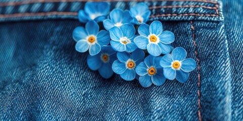 Aufkleber - Close-up of charming blue forget-me-not flowers in a denim pocket.