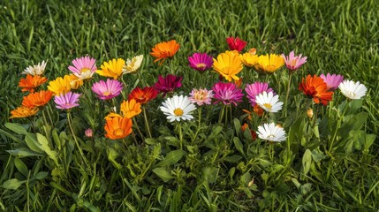Poster - A vibrant cluster of colorful flowers thrives in a lush green meadow, bringing joy and liveliness to the serene spring afternoon landscape. Generative AI