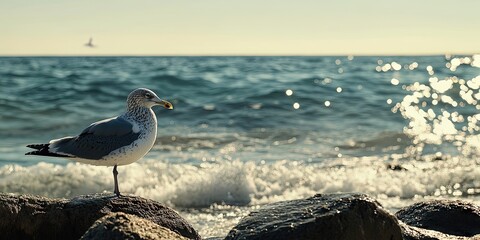 Poster - A seagull is positioned in front of the ocean, which appears dirty. It's a summer day.