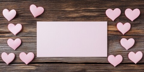 Fototapete - Pink blank paper card and pink paper hearts on a wooden background with copy space for text. Suitable for a wedding, Valentine's Day, birthday card, or invitation. Top view.