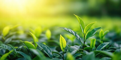 Wall Mural - Group of tea leaves in a plantation or field with blurred tea leaves for copyspace and a green natural background concept.