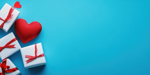 Aufkleber - Romantic idea for Valentine's Day. Flat lay featuring a red heart and white gift boxes on a blue background. Romantic theme. Copyspace.