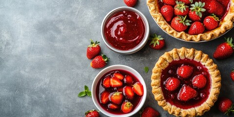 Poster - Homemade strawberry dishes - jam, marmalade, confiture, and pie with fresh strawberries on a grey cement and wooden background, copy space.