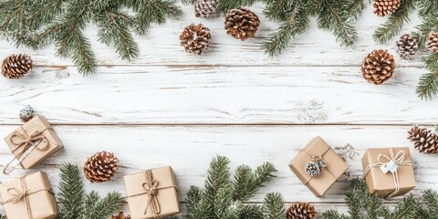 Poster - Christmas backdrop. Pine tree branches, pine cones, ornaments, and gift boxes arranged on a white wooden surface.
